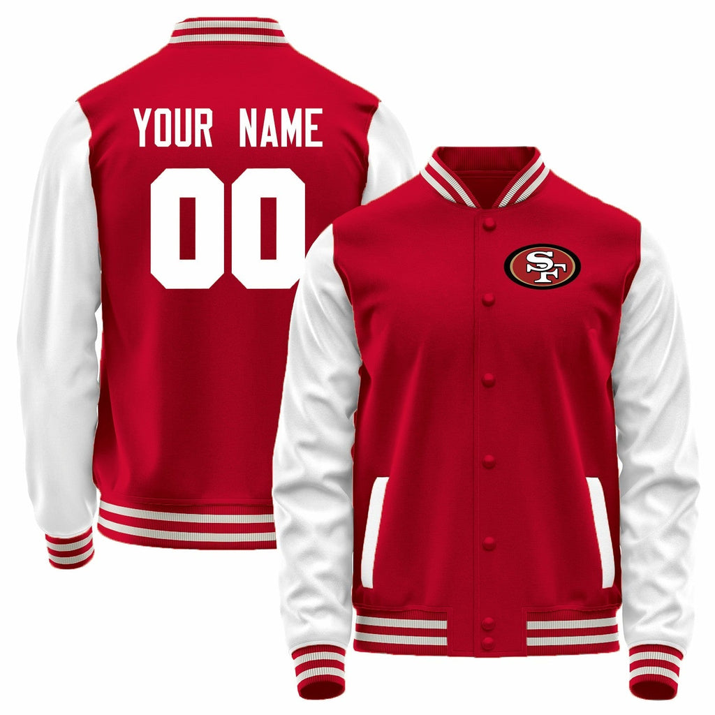 Custom SF.49ers Red-White Bomber Full-Snap Varsity Letterman Jacket