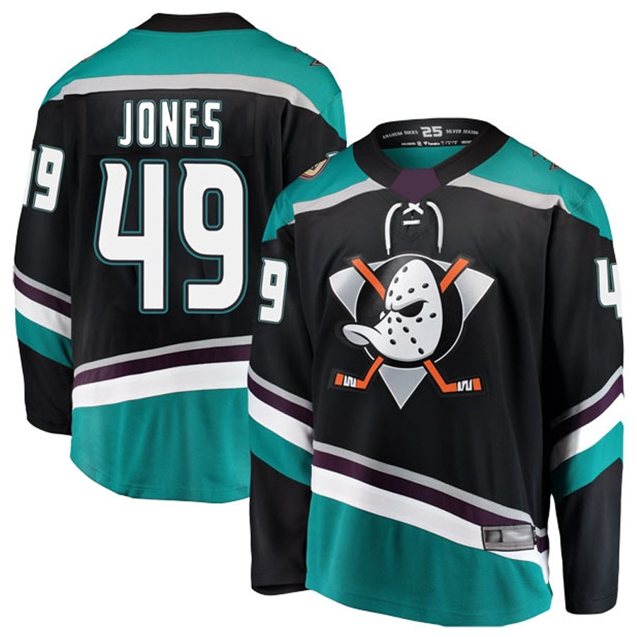 A.Ducks #49 Max Jones Player Fanatics Alternate Breakaway Black Hockey Jerseys