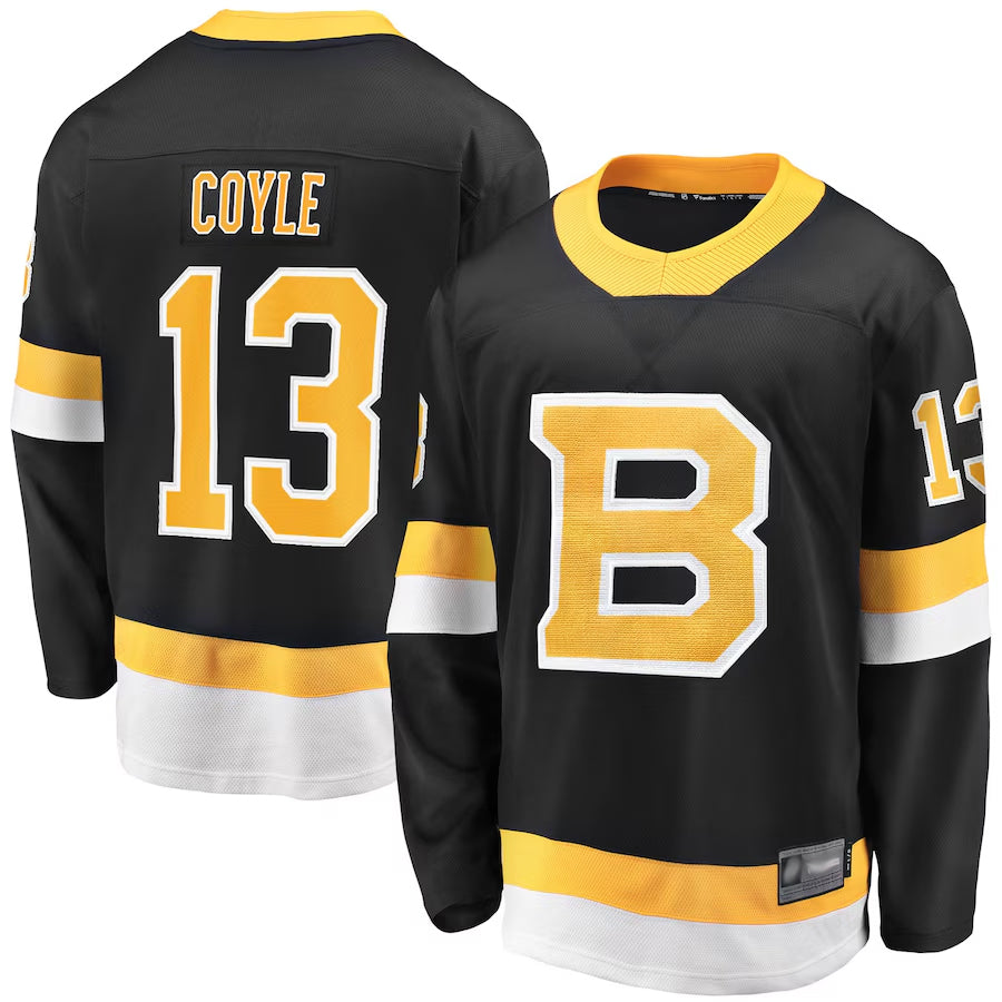 B.Bruins #13 Charlie Coyle Player Fanatics Black Premier Breakaway Hockey Jerseys