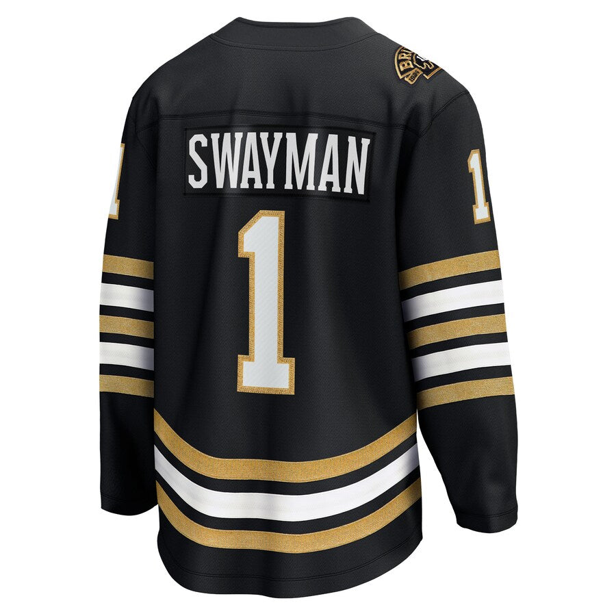 B.Bruins #1 Jeremy Swayman Player Black Anniversary Premier Breakaway Hockey Jerseys