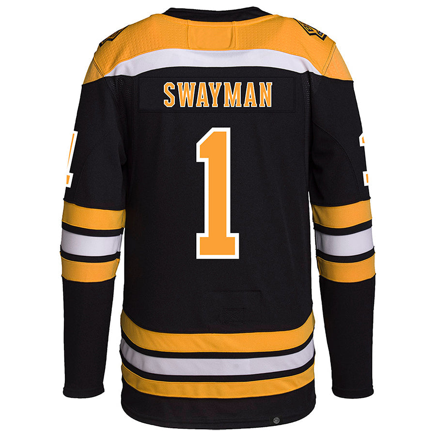 B.Bruins #1 Jeremy Swayman Player Fanatics Black Premier Breakaway Home Hockey Jerseys
