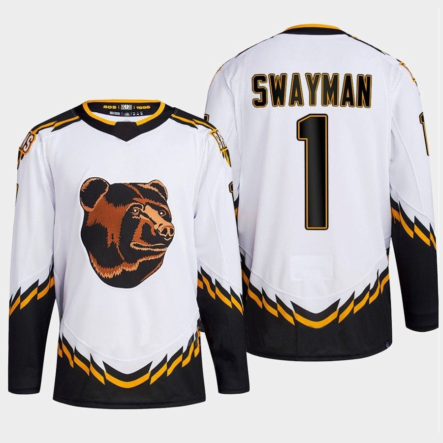 B.Bruins #1 Jeremy Swayman Player Fanatics Reverse Retro White Hockey Jerseys