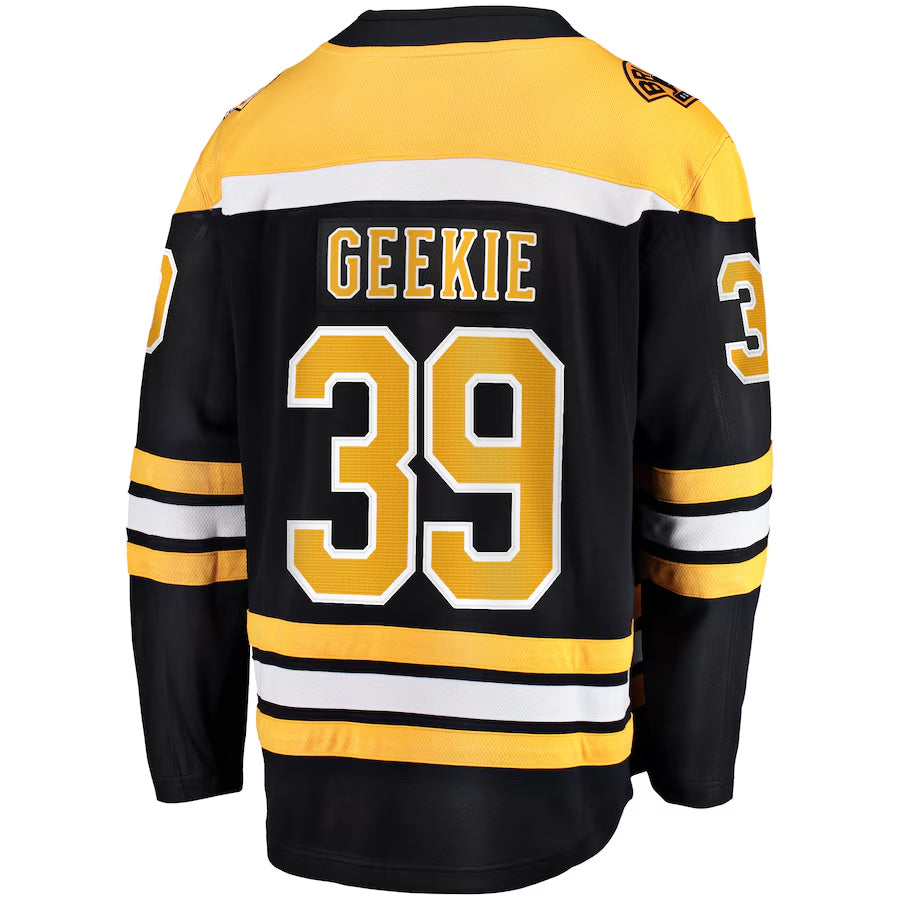B.Bruins #39 Morgan Geekie Player Fanatics Home Breakaway Black Hockey Jerseys