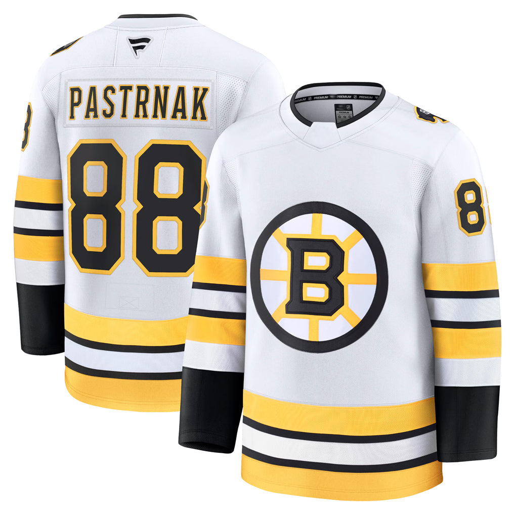 B.Bruins #88 David Pastrnak Player Fanatics Premium White Hockey Jerseys
