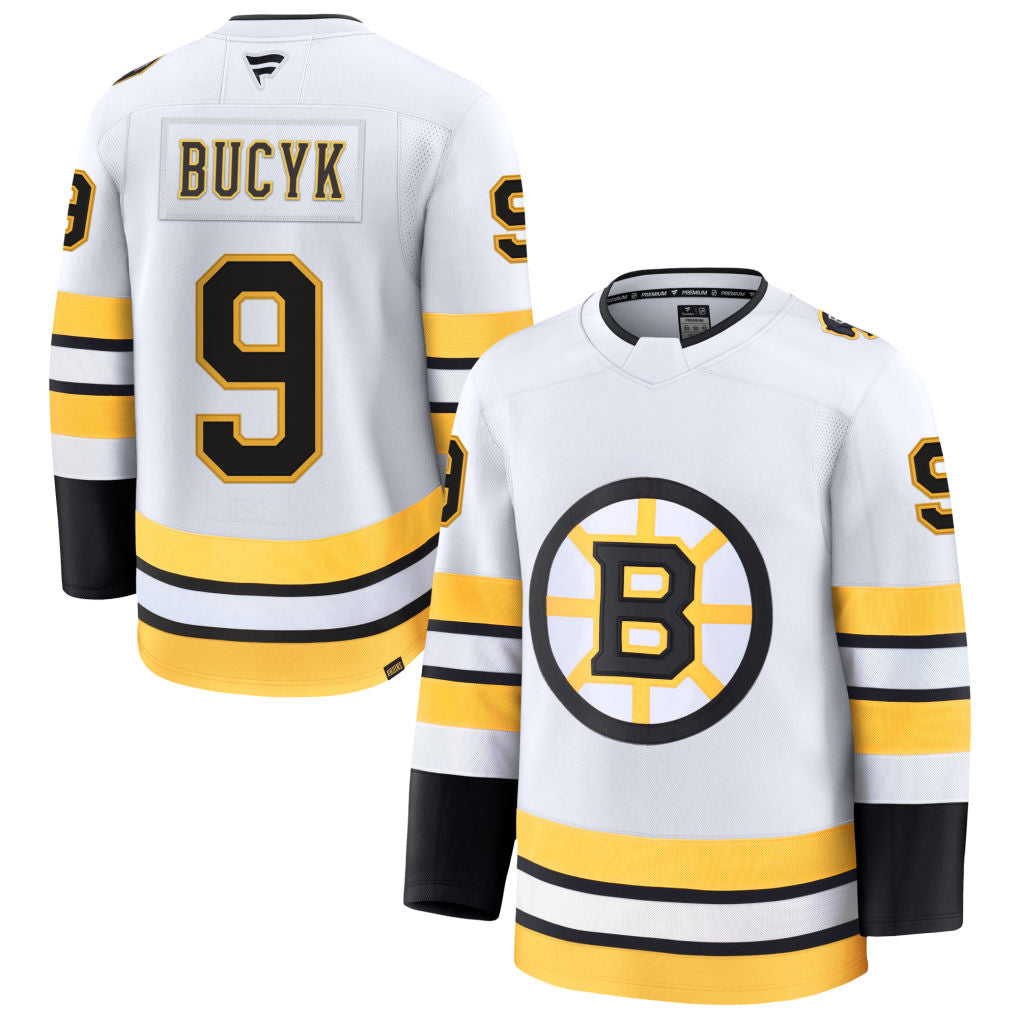 B.Bruins #9 Johnny Bucyk Player Fanatics Home Premium White Hockey Jerseys