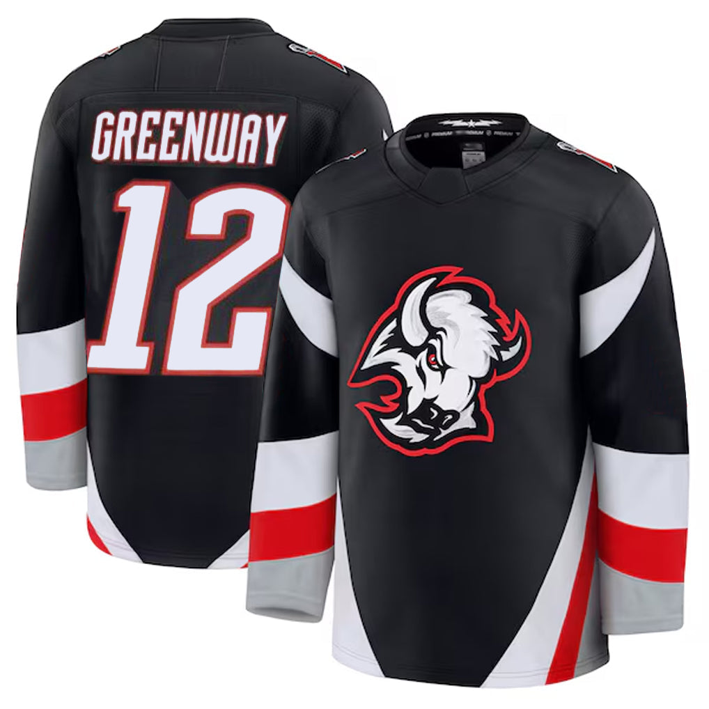 B.Sabres #12 Jordan Greenway Player Fanatics Alternate Premium Black Hockey Jerseys