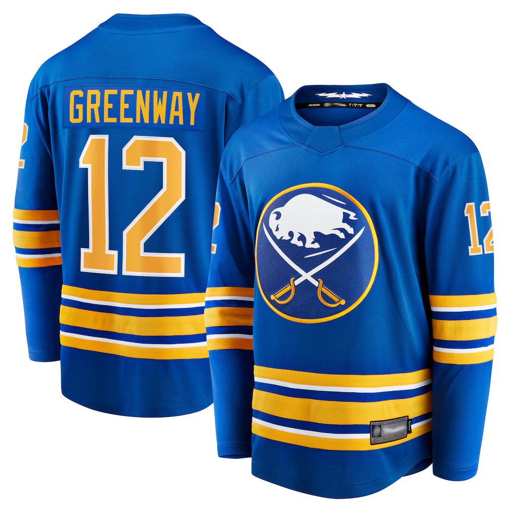 B.Sabres #12 Jordan Greenway Player Fanatics Home Breakaway Royal Hockey Jerseys