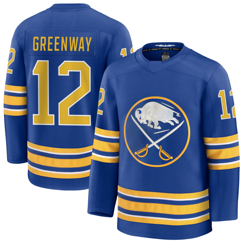 B.Sabres #12 Jordan Greenway Player Fanatics Home Premium Royal Hockey Jerseys