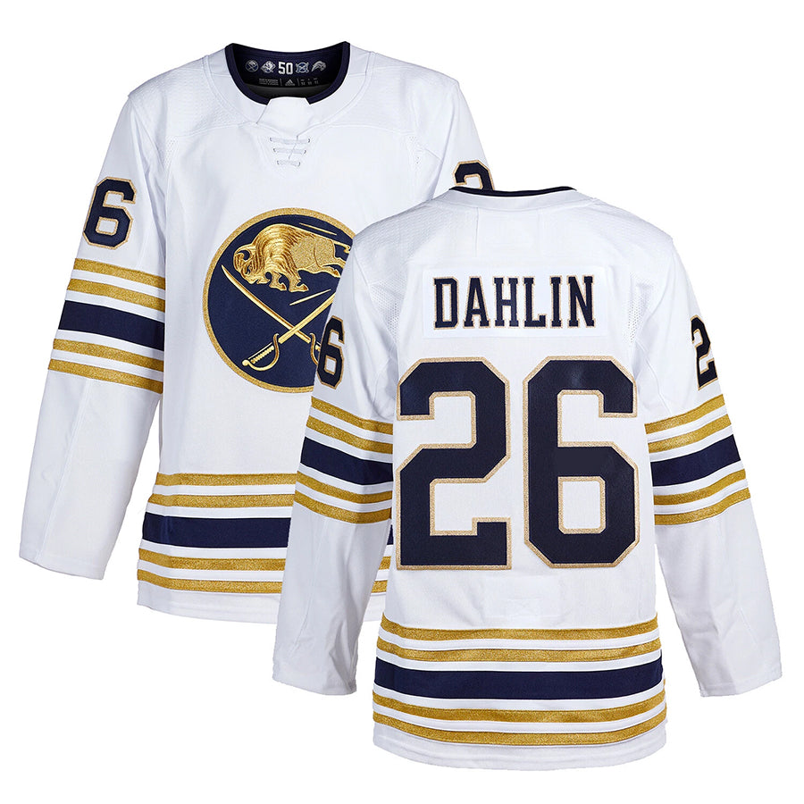 B.Sabres #26 Rasmus Dahlin Player Fanatics 50th Anniversary White Hockey Jerseys