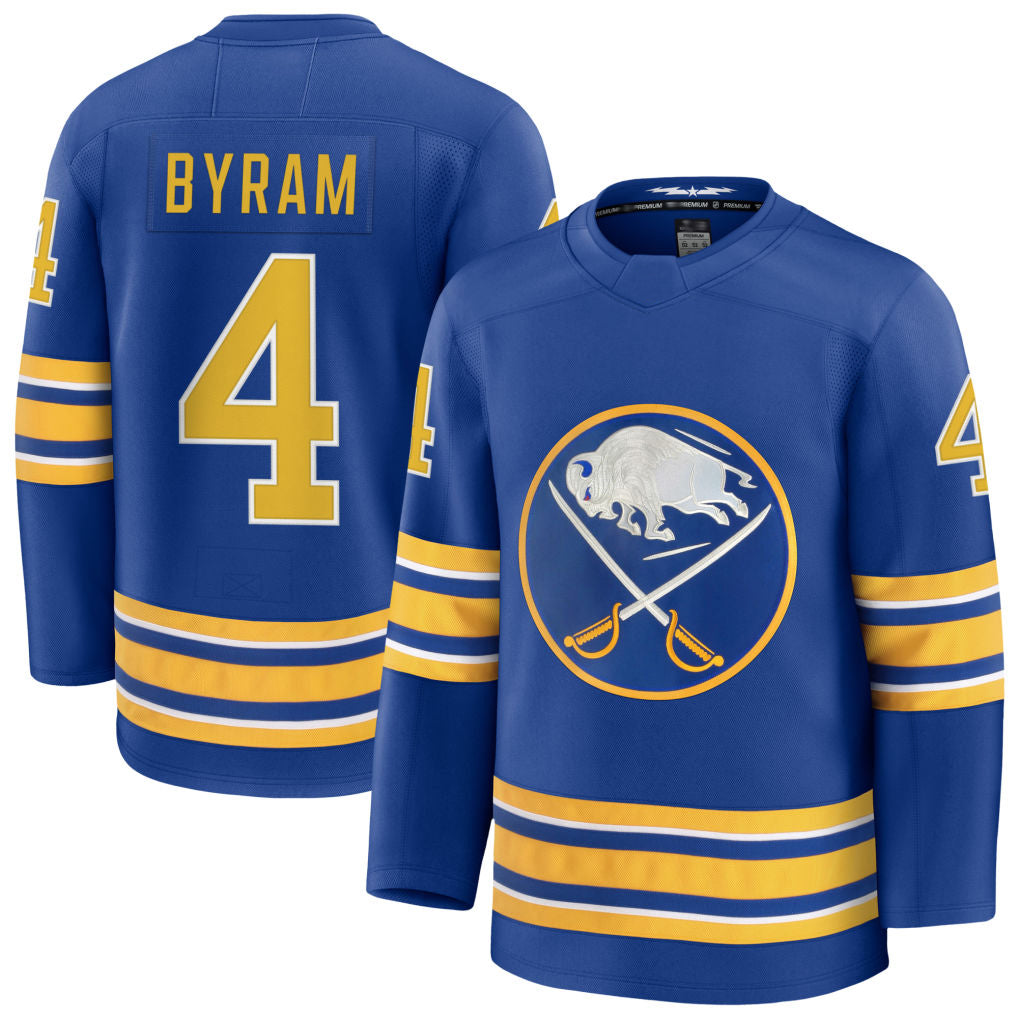 B.Sabres #4 Bowen Byram Player Fanatics Premium Home Royal Hockey Jerseys