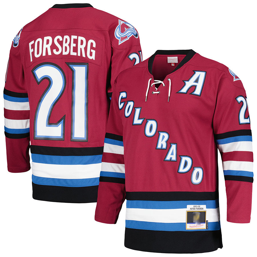 C.Avalanche #21 Peter Forsberg Player  Mitchell & Ness Maroon Captain Blue Line Hockey Jerseys