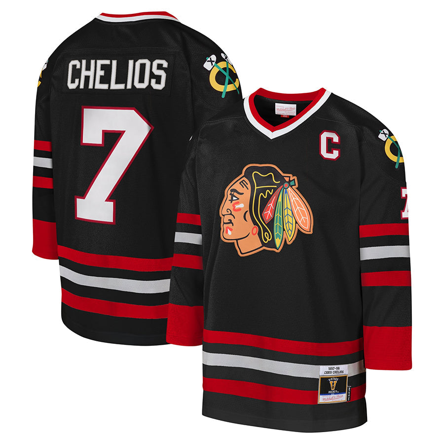 C.Blackhawks #7 Chris Chelios Player Mitchell & Ness 1997-98 Blue Line Black Hockey Jerseys
