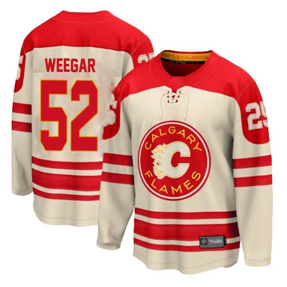 C.Flames #52 MacKenzie Weegar Player Heritage Classic Fanatics Breakaway Cream Hockey Jerseys