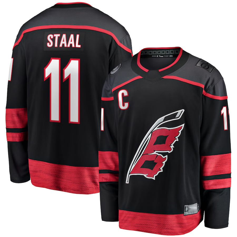 C.Hurricanes #11 Jordan Staal Player Fanatics Home Captain Breakaway Black Hockey Jerseys