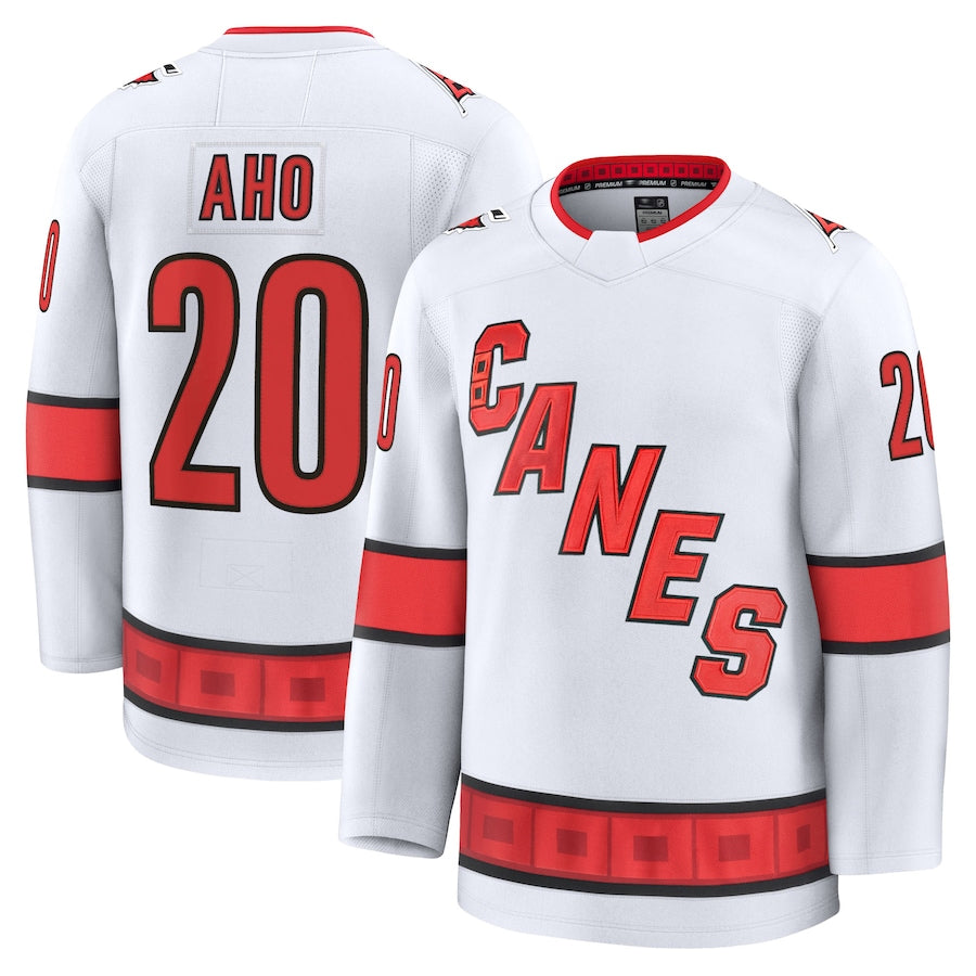 C.Hurricanes #20 Sebastian Aho Player Fanatics Away Premium White Hockey Jerseys