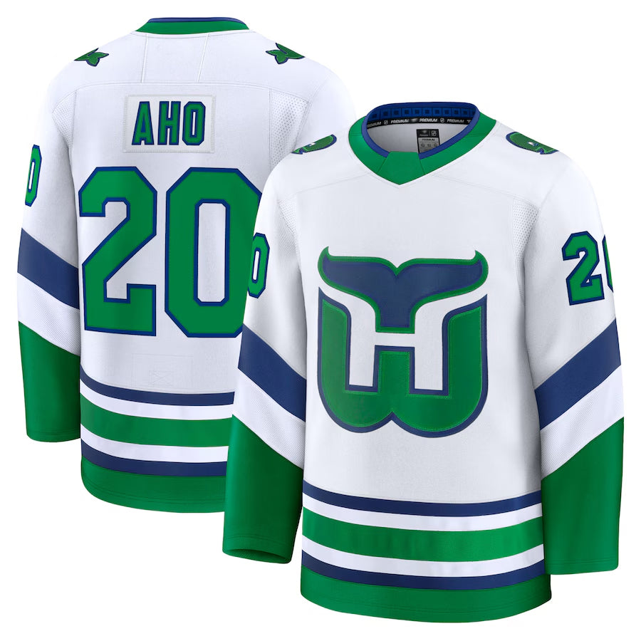 C.Hurricanes #20 Sebastian Aho Player Fanatics Throwback Premium White Hockey Jerseys