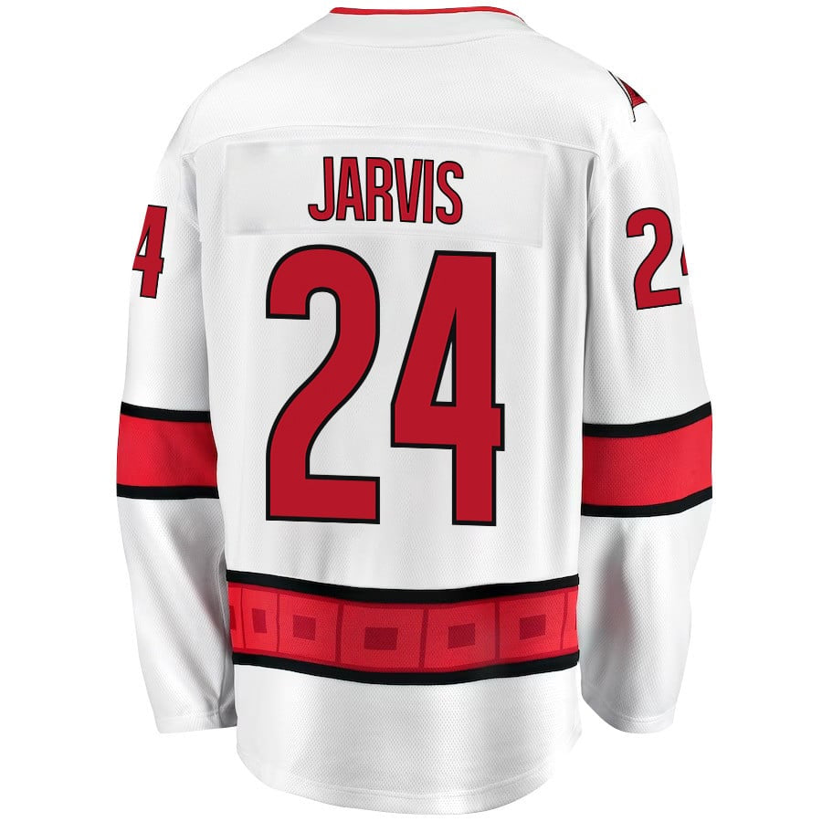 C.Hurricanes #24 Seth Jarvis Player Fanatics Away Breakaway White Hockey Jerseys