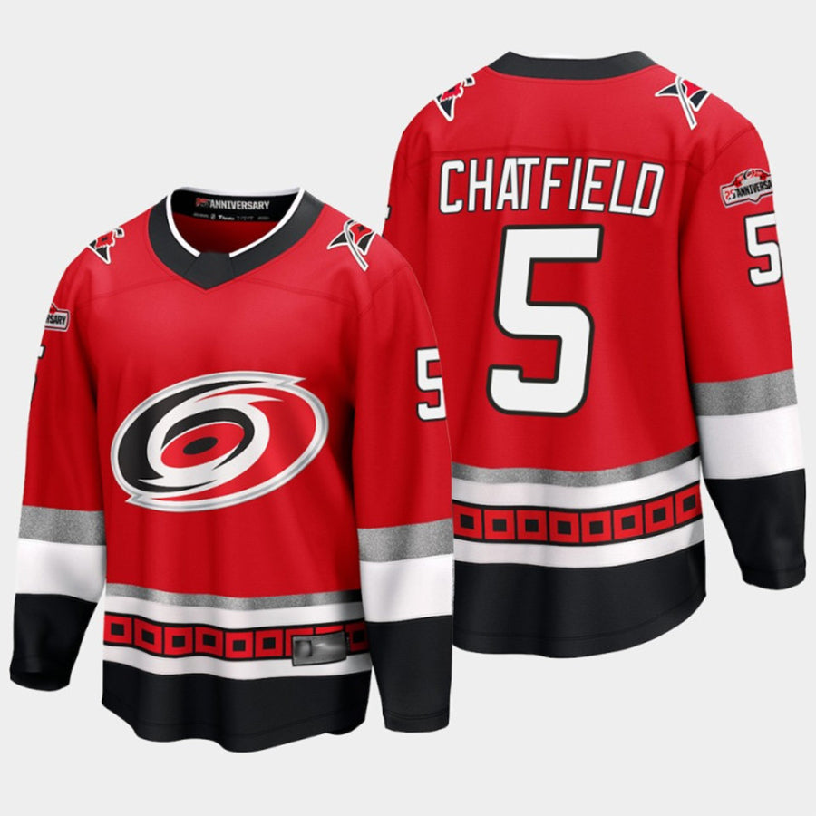 C.Hurricanes #5 Jalen Chatfield Player Fanatics 25th Anniversary Premier Red Hockey Jerseys