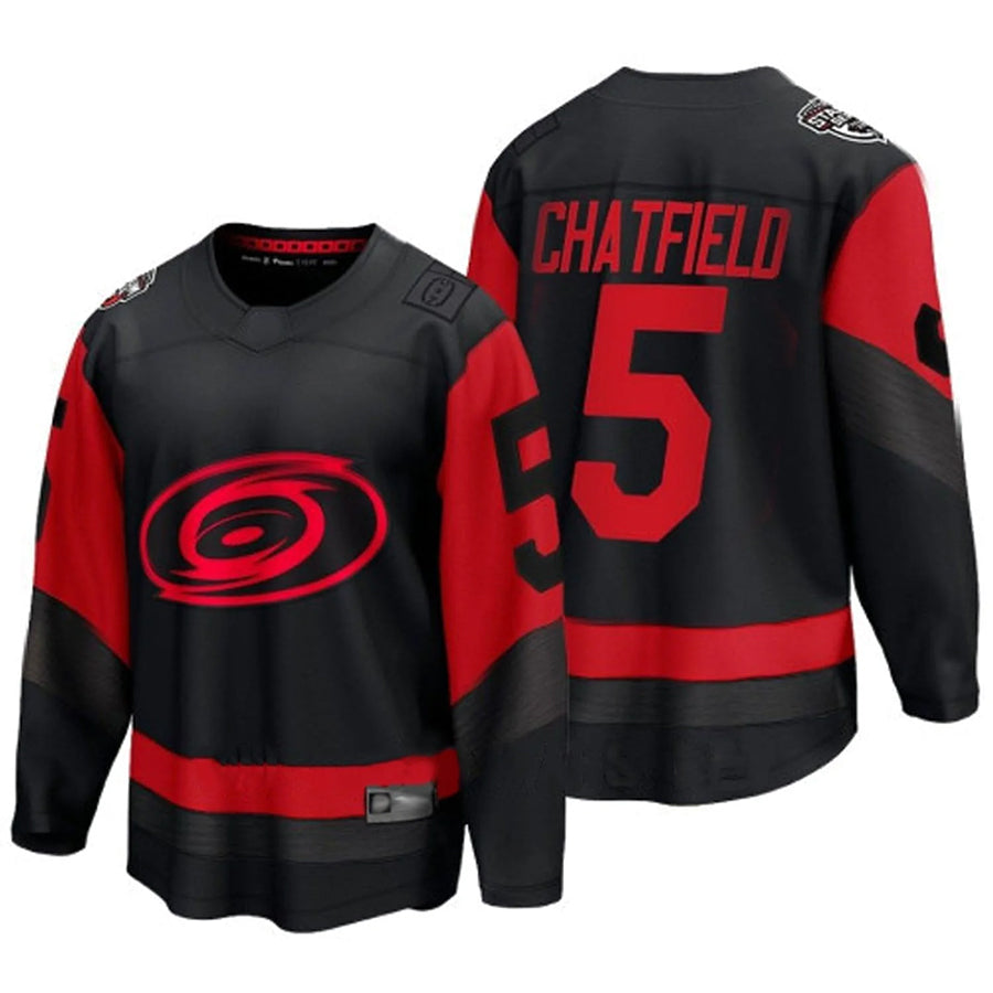 C.Hurricanes #5 Jalen Chatfield Player Fanatics Black Breakaway Hockey Jerseys
