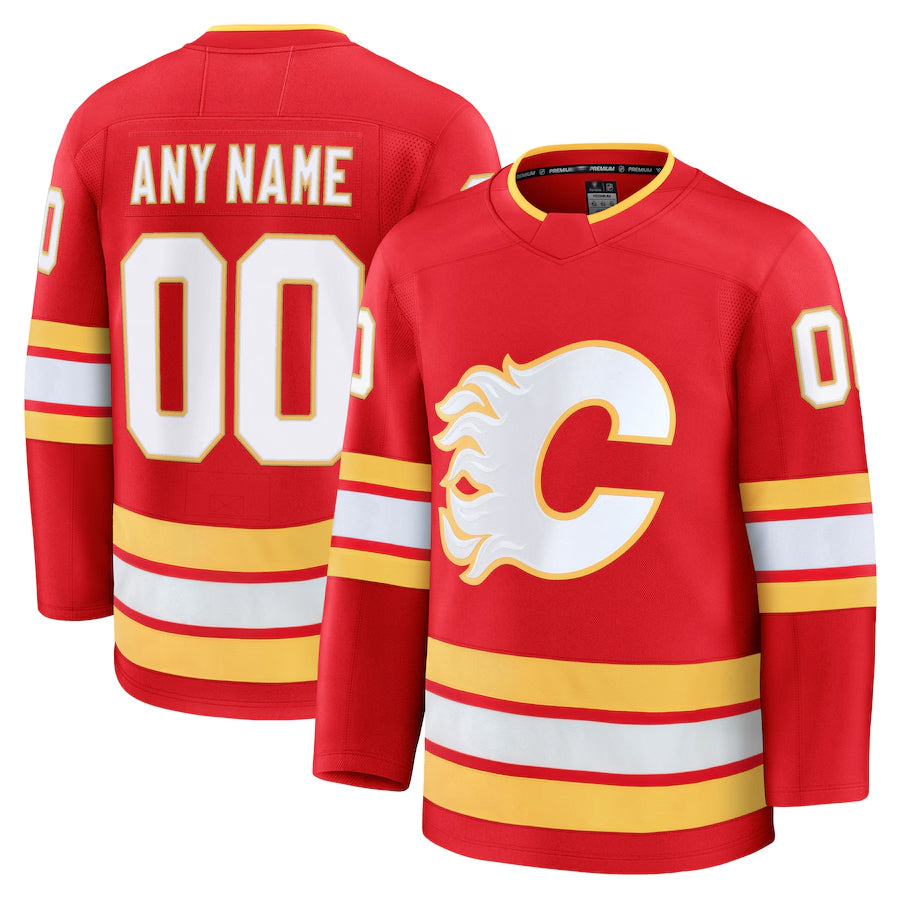 Custom C.Flames Fanatics Home Premium Red Hockey Jerseys